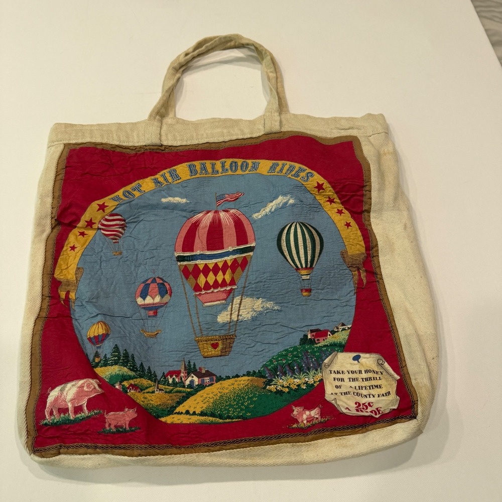 Distressed Hot Air Balloon Canvas Tote Bag Folk Art County Fair Whimsical